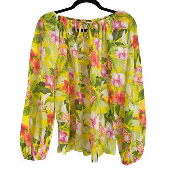 NEW Tommy Bahama Happy Hour Flower Peasant Silk/Cotton Top XS, Green Pink - Picture 4 of 6